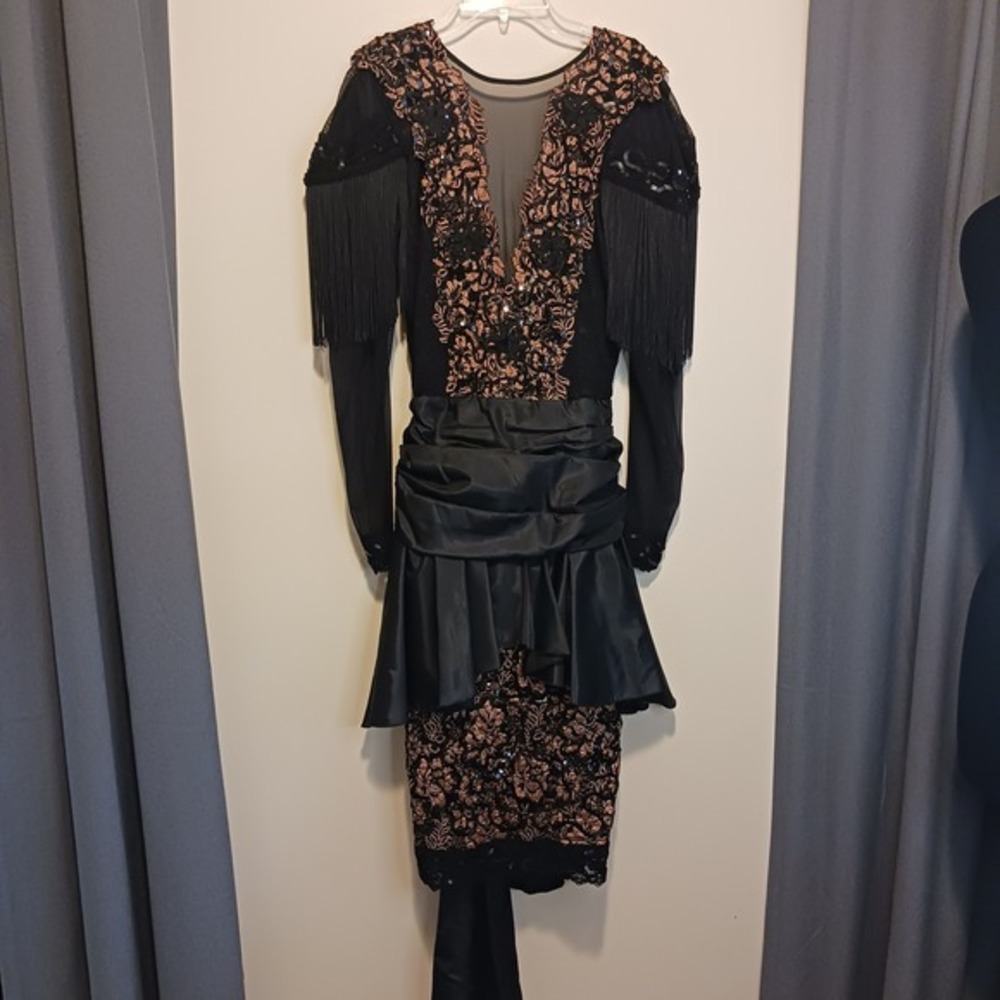 Vintage Janine 80s Goth Party Dress‎ Black Bronze Metallic Lace Fringe Sequin S